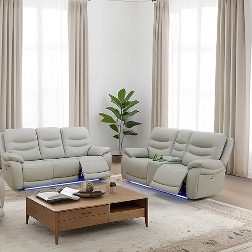 Miniatura 45 de Juego de sofá reclinable eléctrico para sala de estar, sofás reclinables de cuero blanco crema con puerto USB, sofá de cuero con sillón reclinable