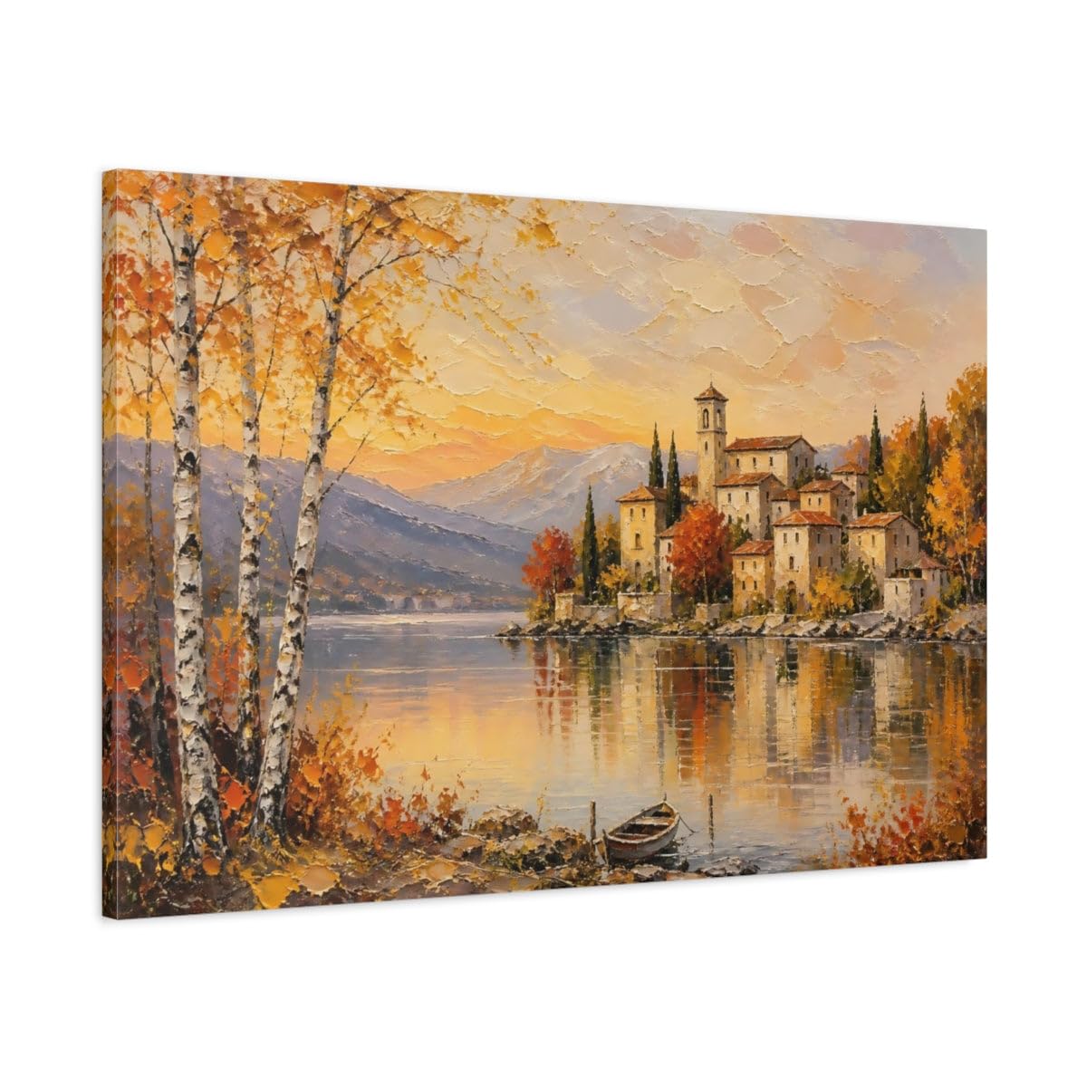 Autumn Lakeside Village Canvas Print – Living Room, Above Sofa, Golden Orange 36×24 inch (90×60 cm) - Horizontal / 1.25 inch (3 cm)