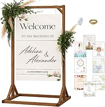 Wooden Welcome Sign Stand, Adjustable Sign Holder Stand, Heavy Duty Wood Easel w/ Poster Design Templates & Leather Straps for Wedding, Bridal Baby Shower, Birthday Party, 62" x 30" x 20"