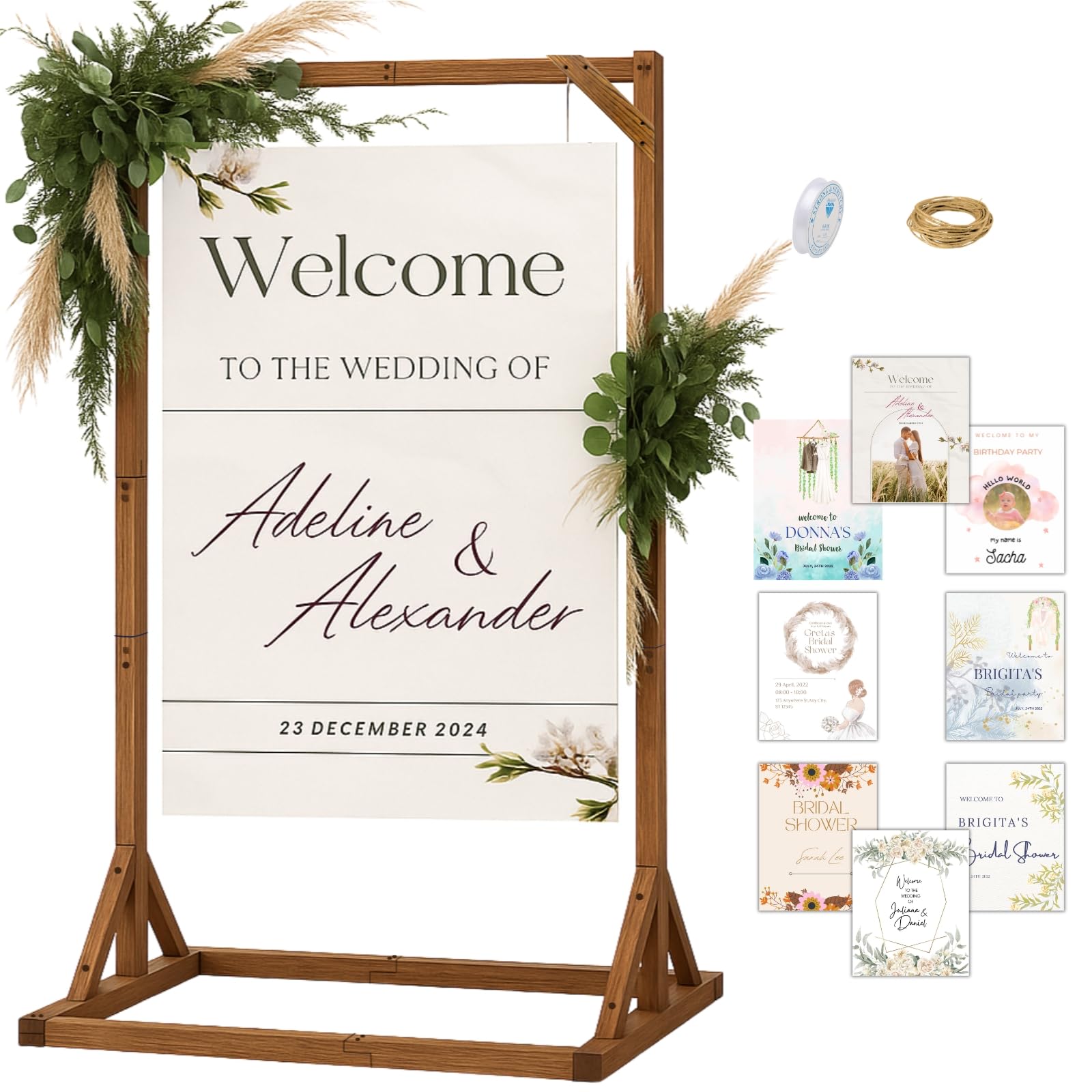 Photo 1 of Merrifete Wooden Welcome Sign Stand, Adjustable Sign Holder Stand, Heavy Duty Wood Easel w/ Poster Design Templates & Leather Straps for Wedding, Bridal Baby Shower, Birthday Party, 62" x 30" x 20"