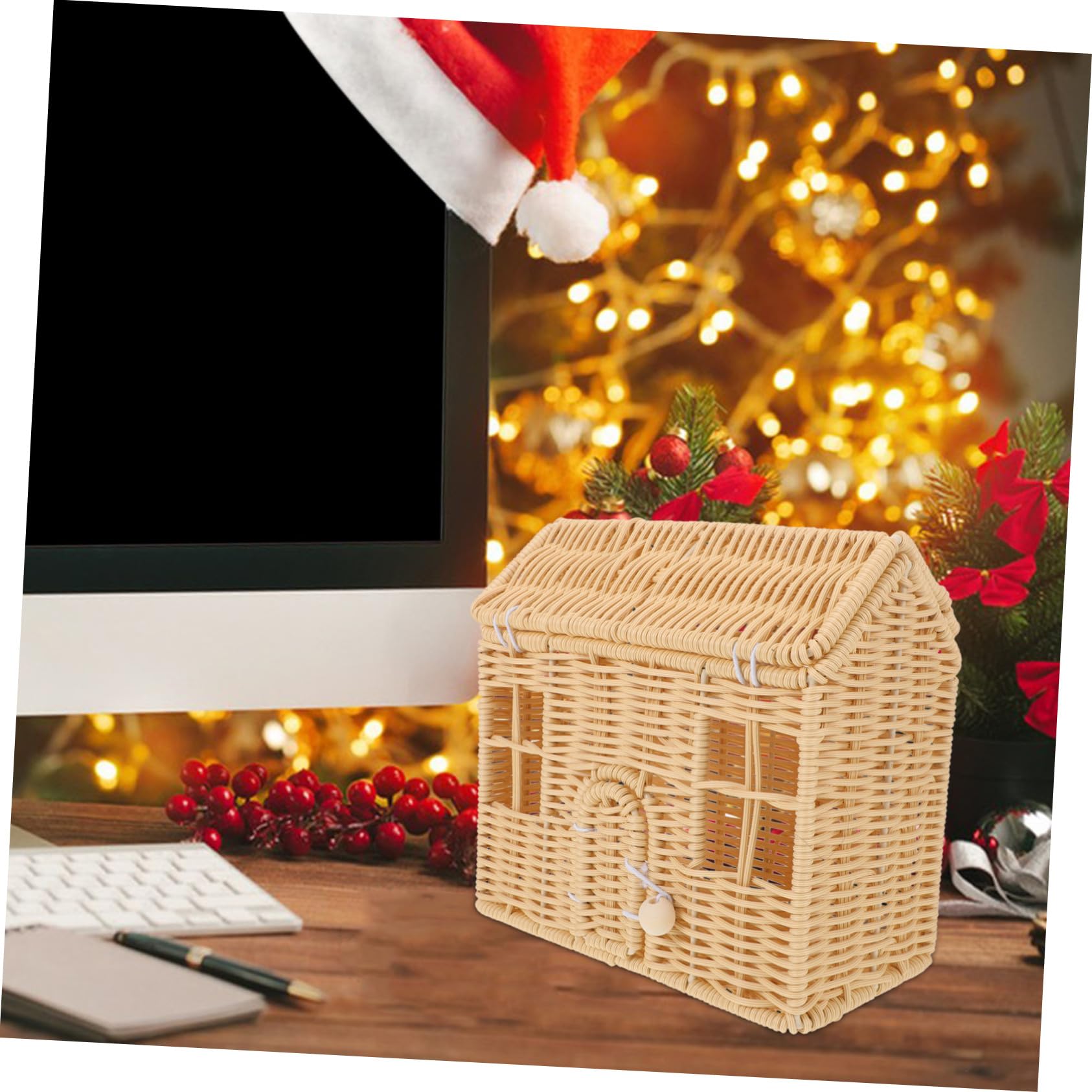 Cesta de Navidad con Asas Cesta Tejida Artesanal Forma de Casa para Snacks y Regalos Decoración Festiva para Fiestas y Celebraciones