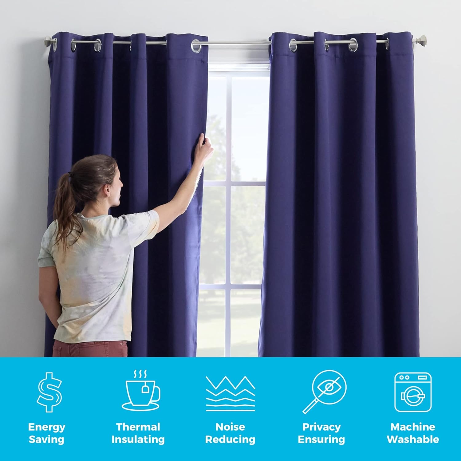 Linenspa 100% Blackout Curtain 2 Panels Set - Navy Curtains 63 Inch Length - Thermal Insulated, Noise Reducing - Dorm Room Essentials