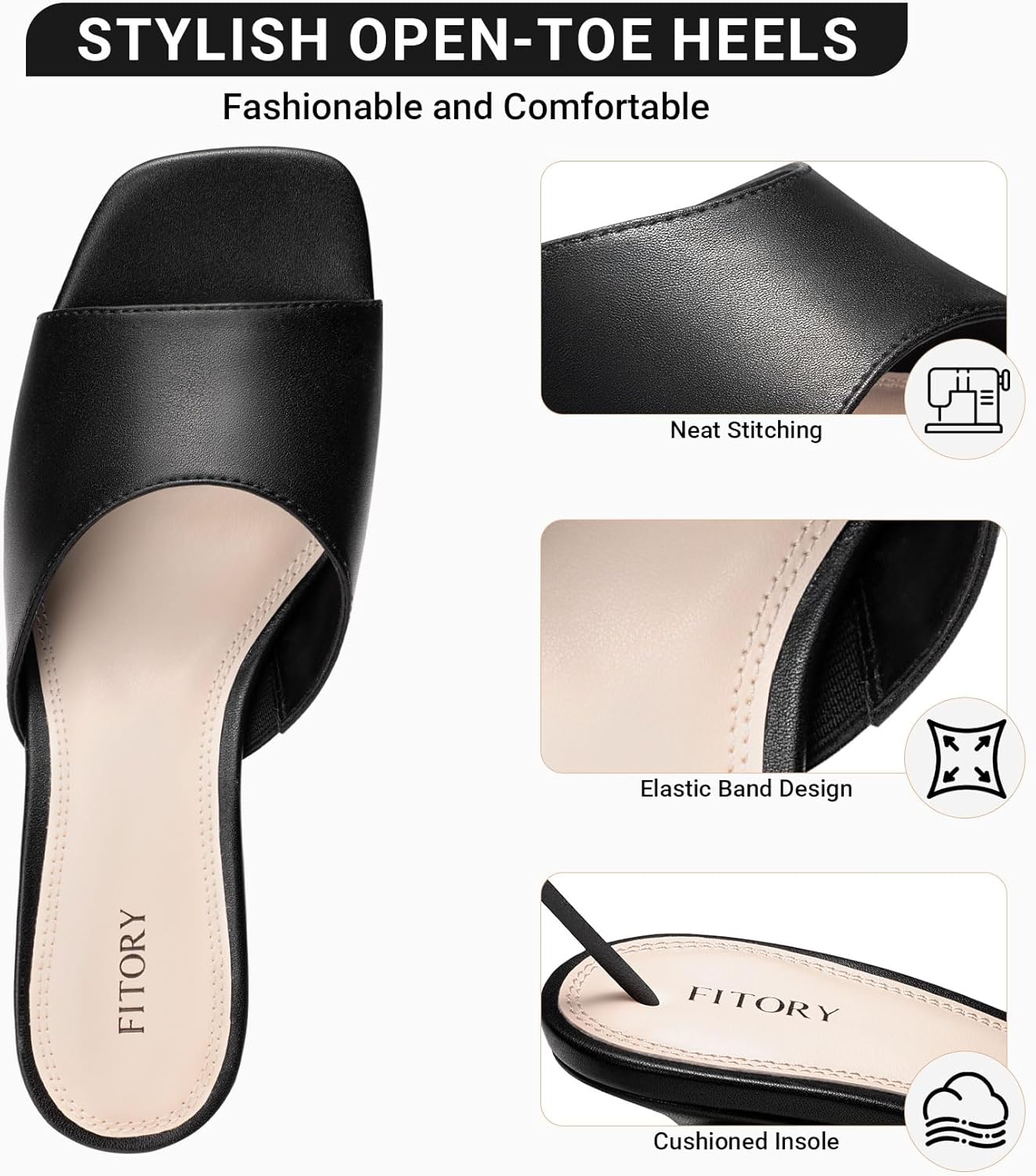 FITORY Womens Kitten Heel Sandals, Square Open Toe Slides with Elastic Strap, Slip-on Dressy Shoes for Daily and Vacation Size 6-11 - Image 4