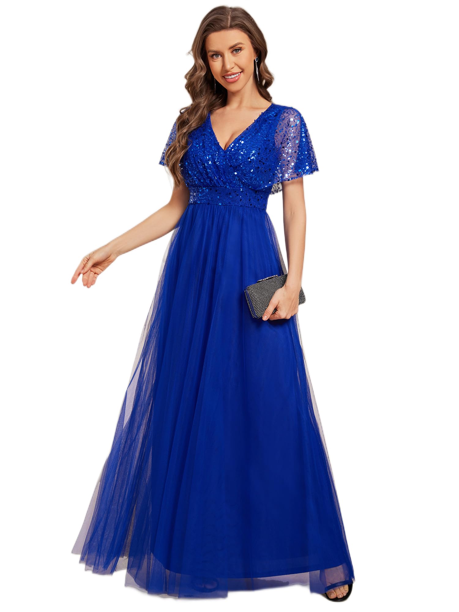 Ever-Pretty Robe de Soirée Chic Col en V Manches Courtes Mousseline Maxi Robe évasée EE02223