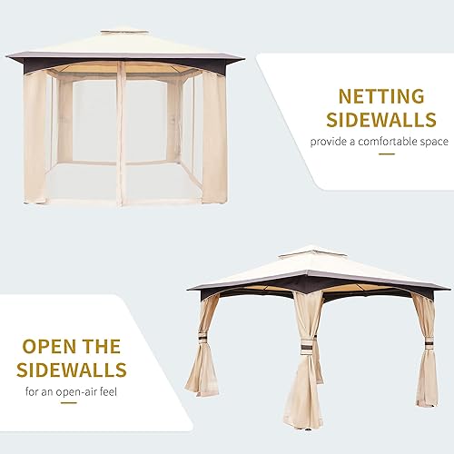 Miniatura 5 de Outsunny Gazebo para exteriores de 10 x 12 pies con malla y cortinas, toldo de patio con techo superior suave de 2 niveles y marco de acero para