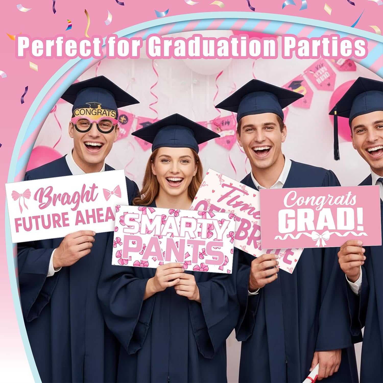 24 Designs Pink Bow Graduation Photo Booth Props Class of 2026 Coquette Double Sided 11x5.51'' Pink and White Graduation Decor Picture Props for Photoshoot Supplies Selfie Sign for Grad Prom Party