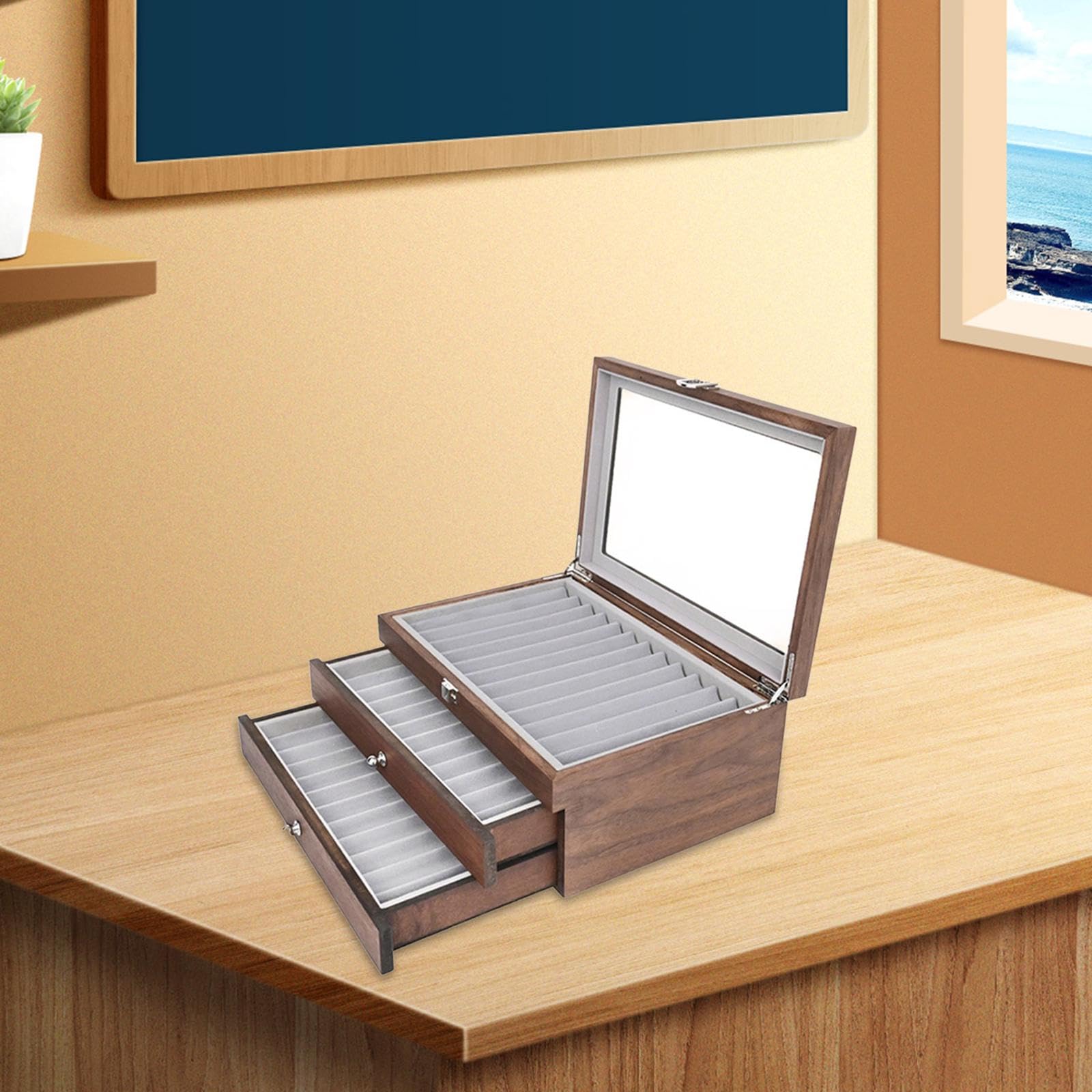 Generic 3 Stöckige Stiftebox Aus Holz mit 34 Fächern Und Transparentem Deckel – Ideal für Bürobedarf Und Als Aufbewahrungsbox, Schwarz