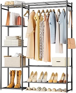 Neprock Clothing Rack With Shelves, Organizers and Storage for Clothes, Portable Wardrobe With Rod, Garment Rack Shelves, Rangement Garde Robe (Black)
