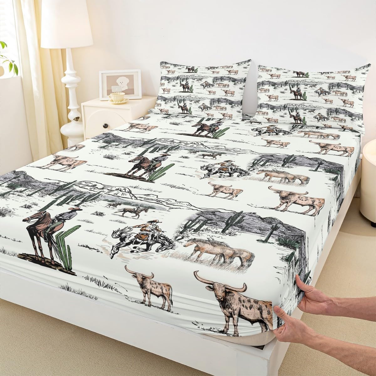 Western Cowboy Fitted Sheet Queen Size,Vintage Southwest Style Bed Sheet Desert Cactus Cow Horse Animals Bedding Set for Kids Boys Girls Adult Room Decor,Grey Brown Deep Pocket Sheet,No Flat Sheet