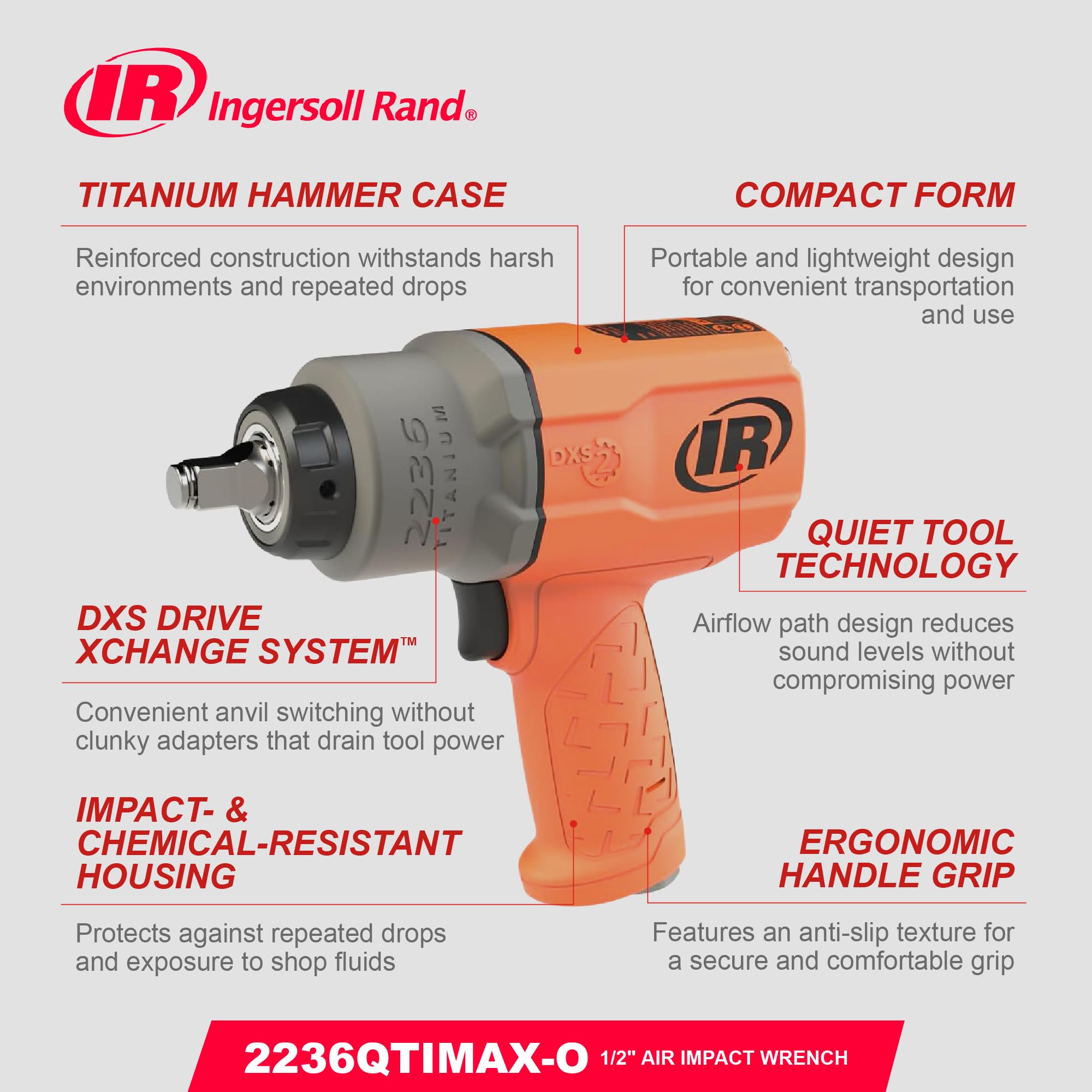 Ingersoll-Rand 2236QTIMAX-O DXS2 Llave de Impacto Neumática, Silenciosa, 2034 Nm, Caja Martillo Titanio, Anillo Fricción, Naranja