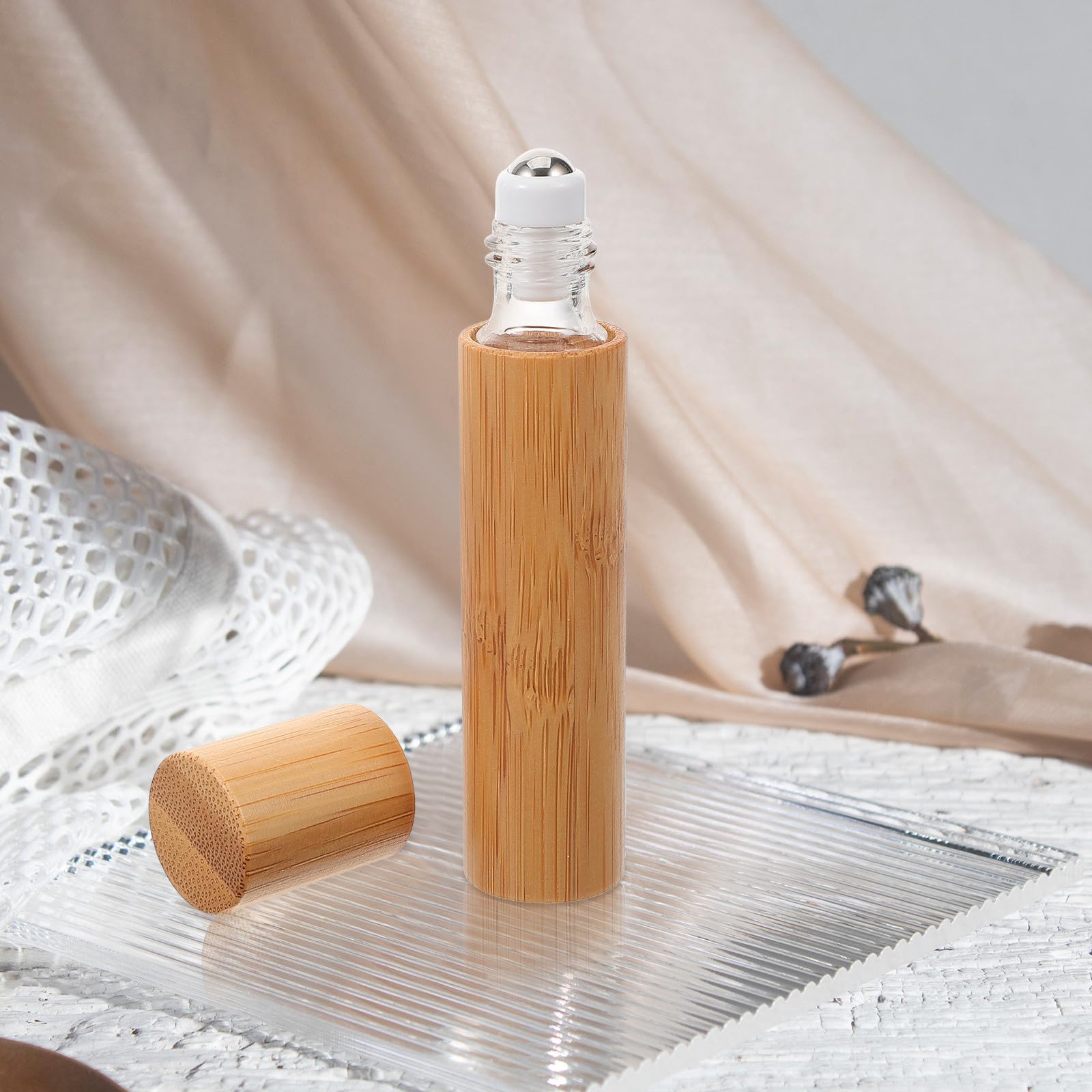 Botella Roll-on de Bambú y Vidrio 10 Ml, Envase Rellenable para Perfume y Aceites Esenciales, Botella de Viaje Compacta, Frasco Cosmético sin Logo, Recipiente Portátil