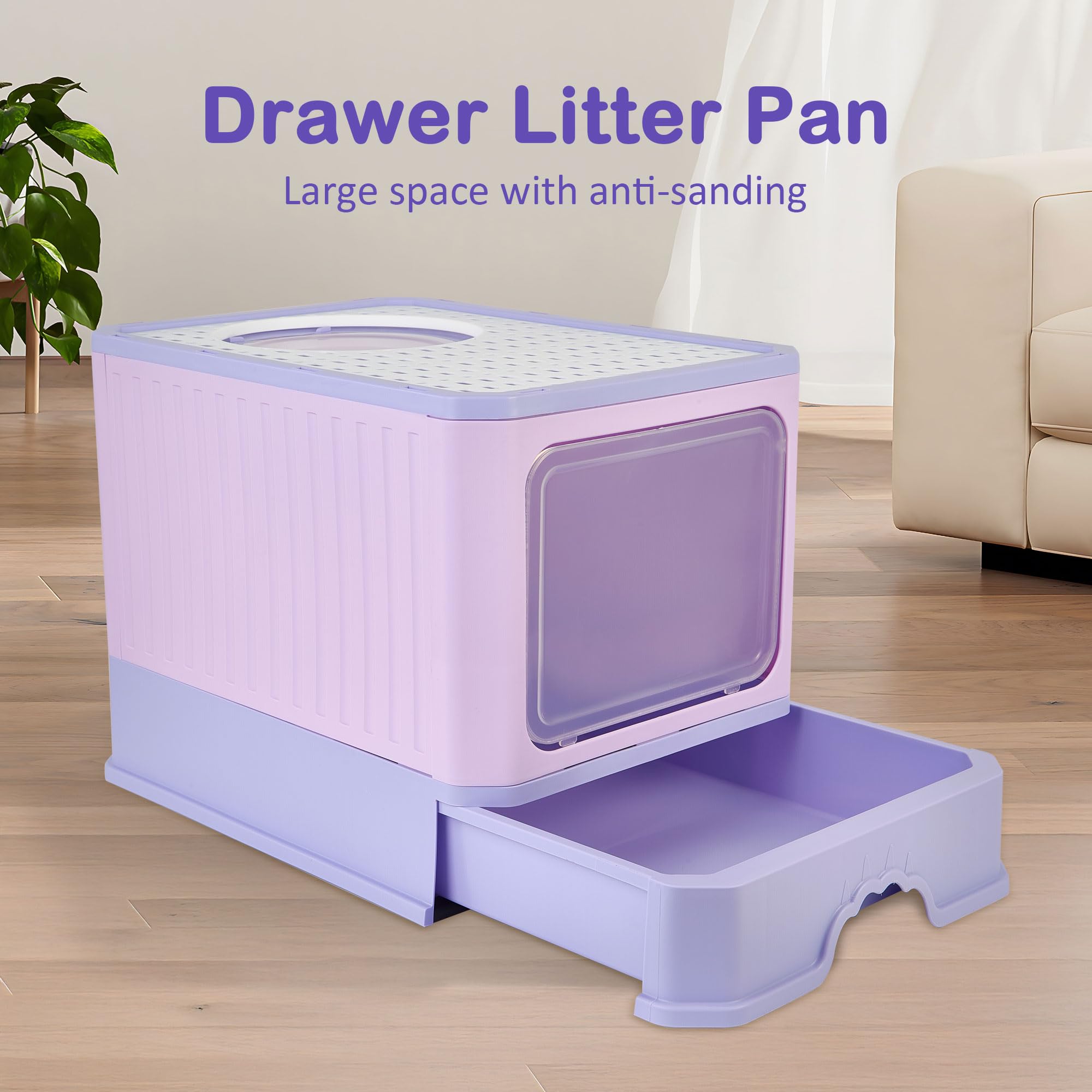 Cat Litter Box with Scoop, Large Foldable Litter Box with Lid, Front Entry Top Exit Kitty Box, Odor Control, Easy to Clean (Purple)