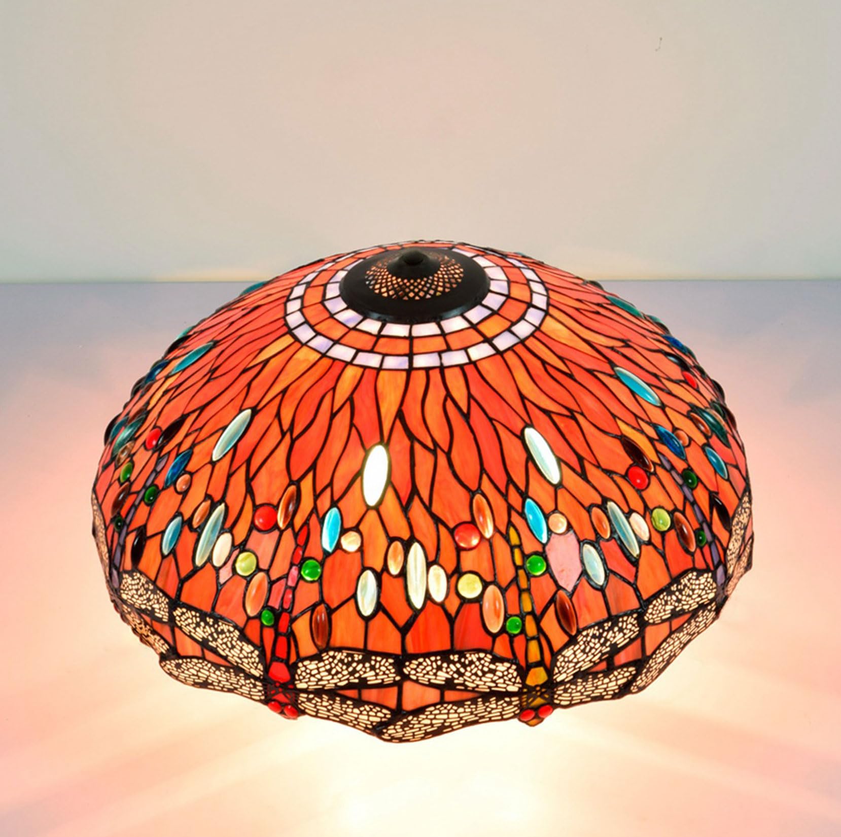 SaryEdge Tiffany Lamp Shade Replacement Only 20" Stained Glass Baroque Rose Dragonfly Grape Lily Peach Lampshades, Vintage Red Orange Colorful Light Cover for Table Lamp Pendant Light ，Dragonfly a