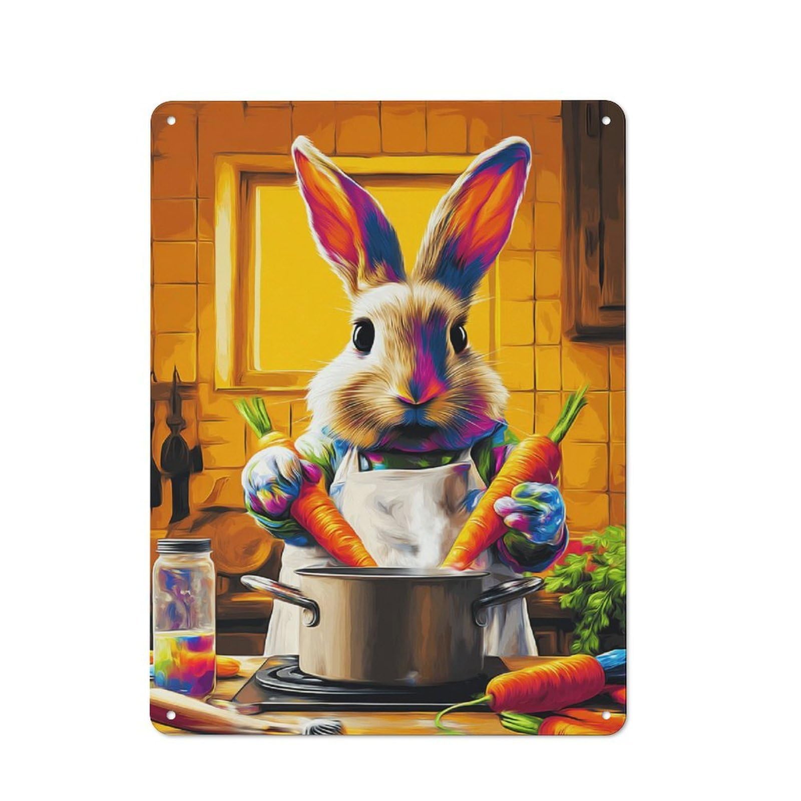 Junmoney Colorful Bunny Chef Cooking Retro Metal Sign 40X30cm Featuring For Hallway Wall, For Kitchen, Dining Room And Home Bar Wall Decor