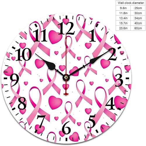 Miniatura 2 de Reloj de pared de cinta rosa para cáncer de mama, reloj de madera redondo, silencioso, sin tictac, funciona con pilas, reloj colgante decorativo de