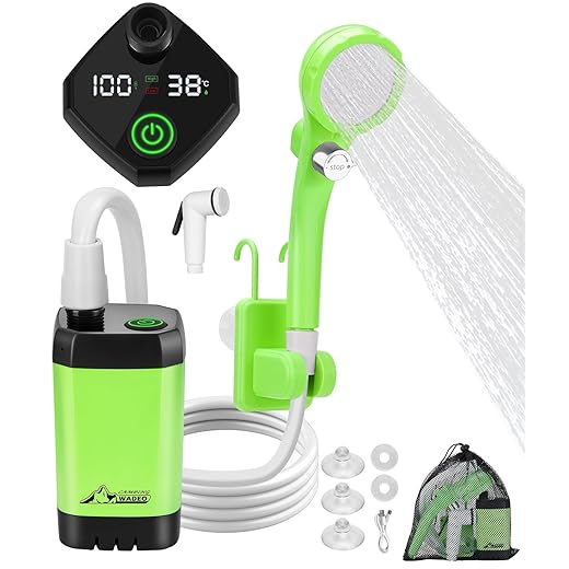 WADEO Portable Shower for Camping, Outdoor Electric Shower Rechargeable Pump with Intelligent Digital Display, Camping Shower Head Nozzle for Camping, Hiking, Traveling, Washing