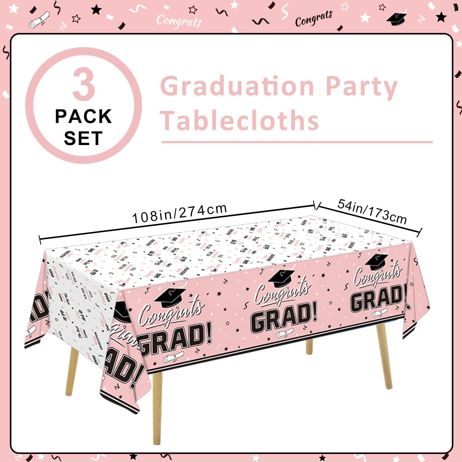 Oigco Graduation Decorations Congrats Grad Graduation Tablecloth for 2026 Graduation Party Supplies, 3 Pcs Pink Plastic Table Cloths, 54"x108"
