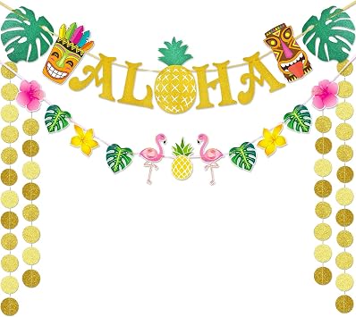 WERNNSAI Hawaiian Aloha Party Banner Decorations - Flamingo Pineapple Tiki Tropical Luau Party Supplies Favors Large Gold Glittery Aloha Sign Flag for Birthday Wedding Summer Beach Pool