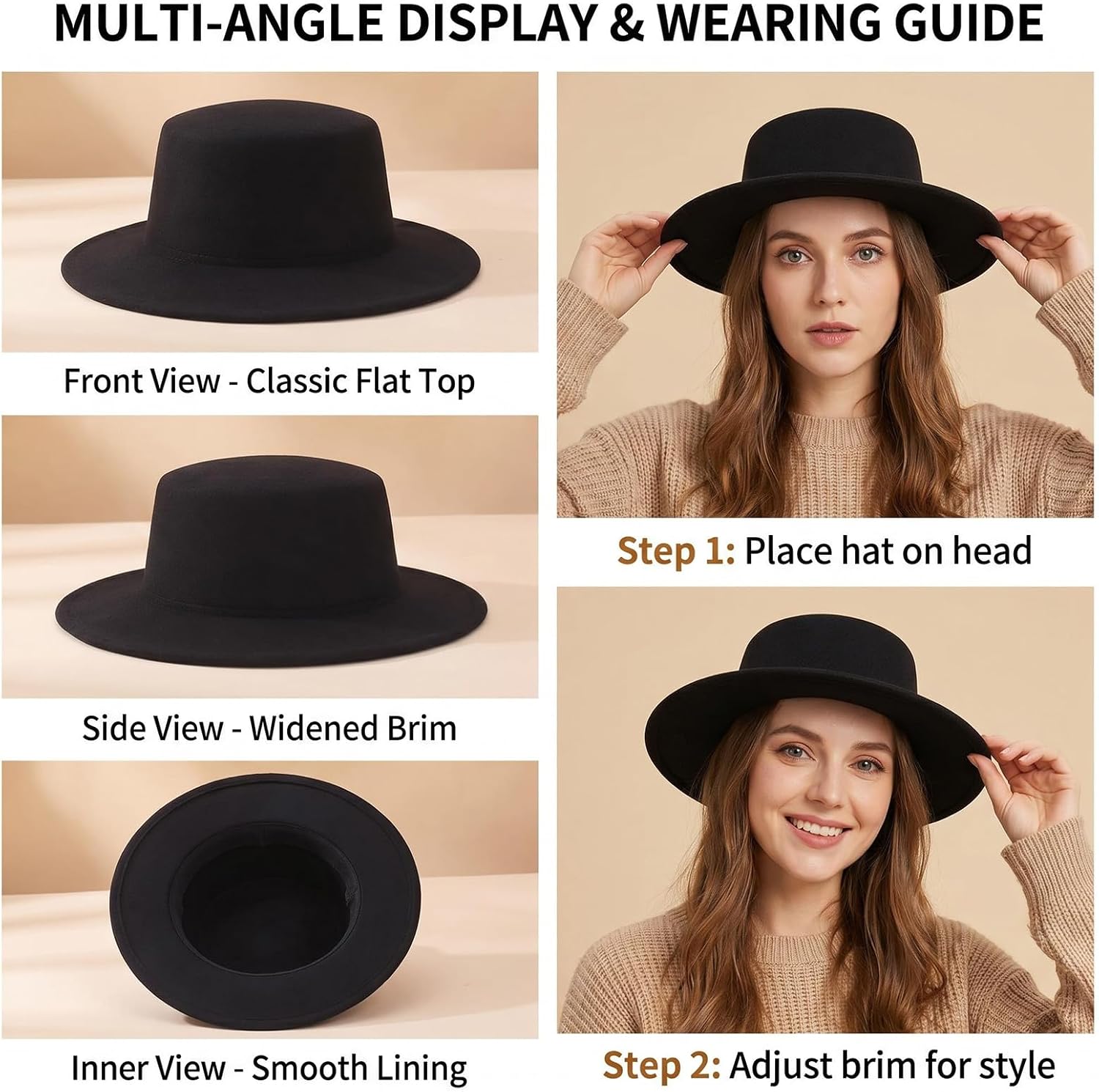 Black Classic Fedora Hat Flat Top Wide Brim Jazz Hats Church Derby Cap for Men and Women Head Circumference 22-22.8in