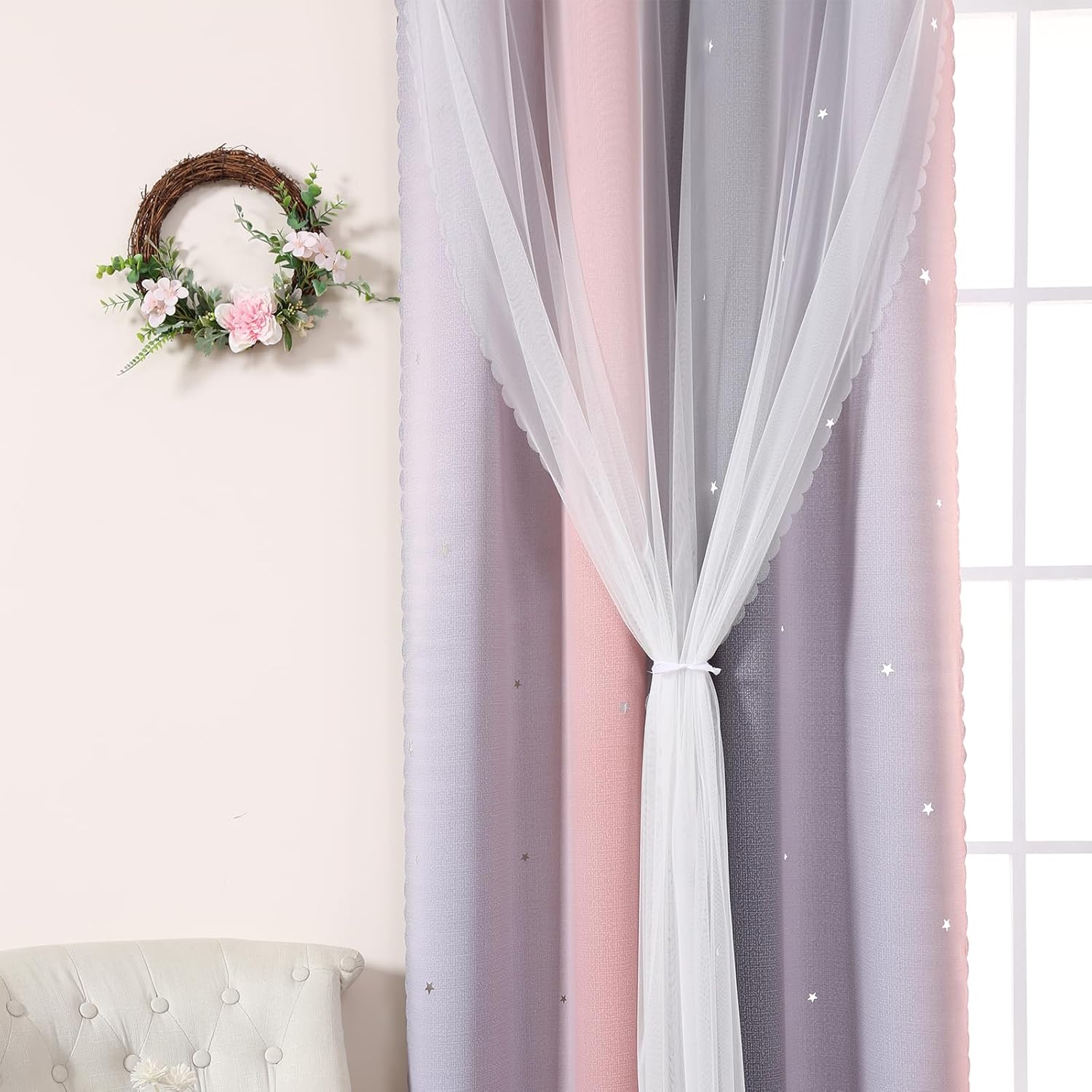 Pink Star 84 inches Length Kids Curtains for Bedroom Star Blackout Window Curtain for Girls Living Room Darkening Romantic Nursery Window Curtain 2 Panels, Pink Grey, 52W x 84L