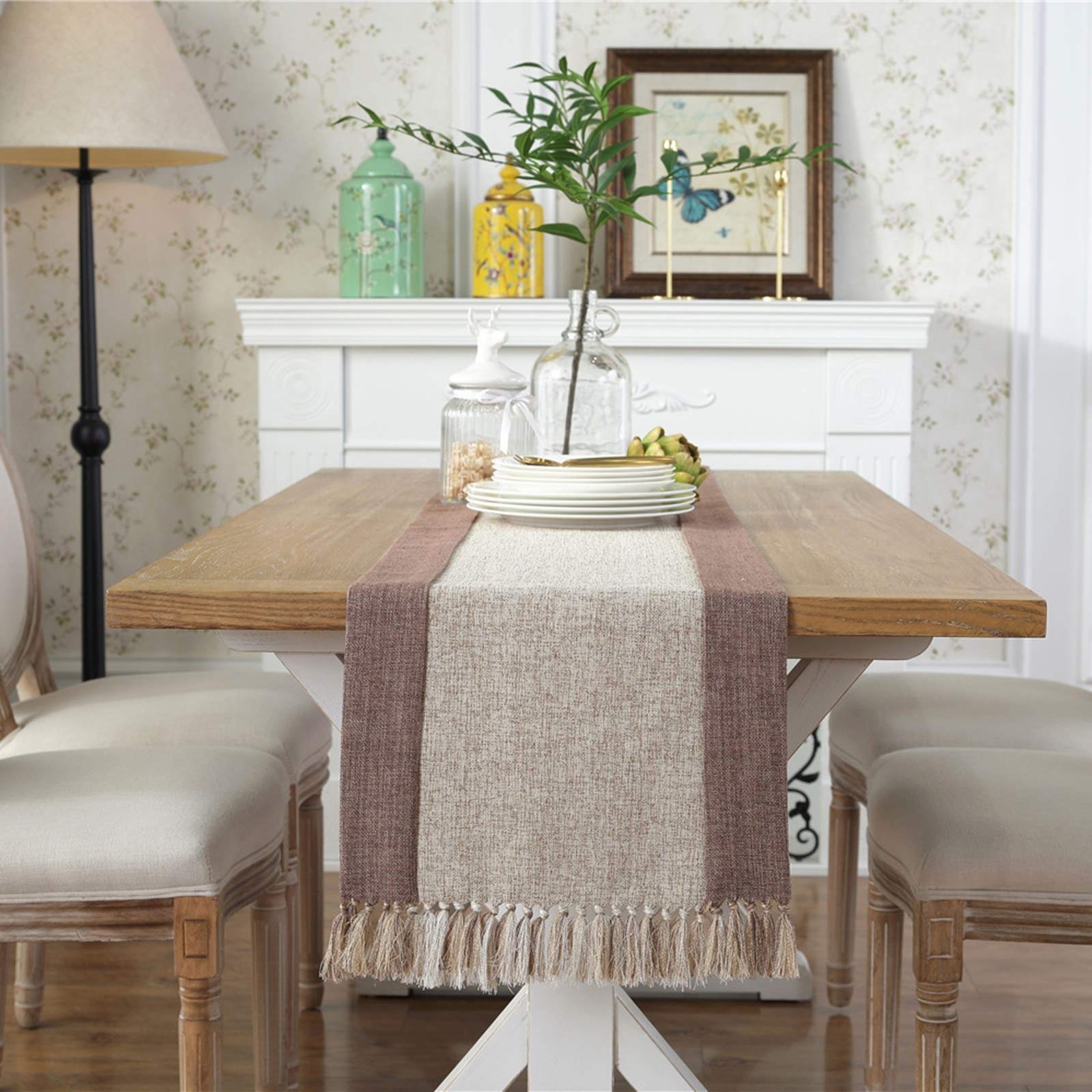 Daesar Runner Tavolo 38x240 CM, Runner Tavolo Moderno Beige con Nappa Runner per Salotto Runner Cotone Lino Tavola