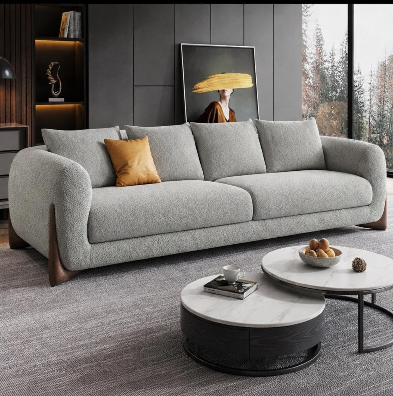 Modern Cheasterfield Boucle Fabric 3 Seater Sofa Classic Design Round Arm Sofa Set with Throw Pillows for Living Room, Bedroom, Hallway (Light Grey)-image-28