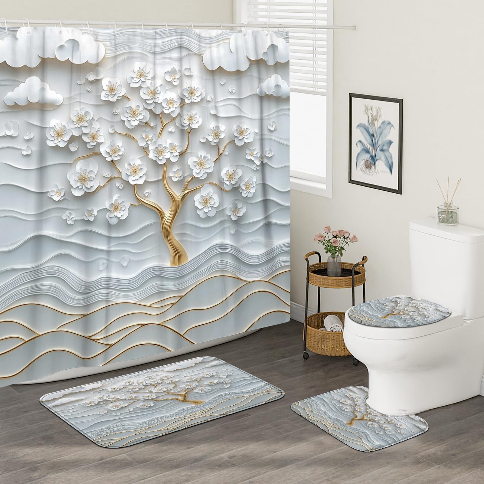 Juego de 4 accesorios de baño de árbol de chinoiserie blanco con alfombra antideslizante, en forma de U y cubierta de tapa de inodoro, decoración de tela de baño china japonesa 3D, 72 x 72 pulgadas