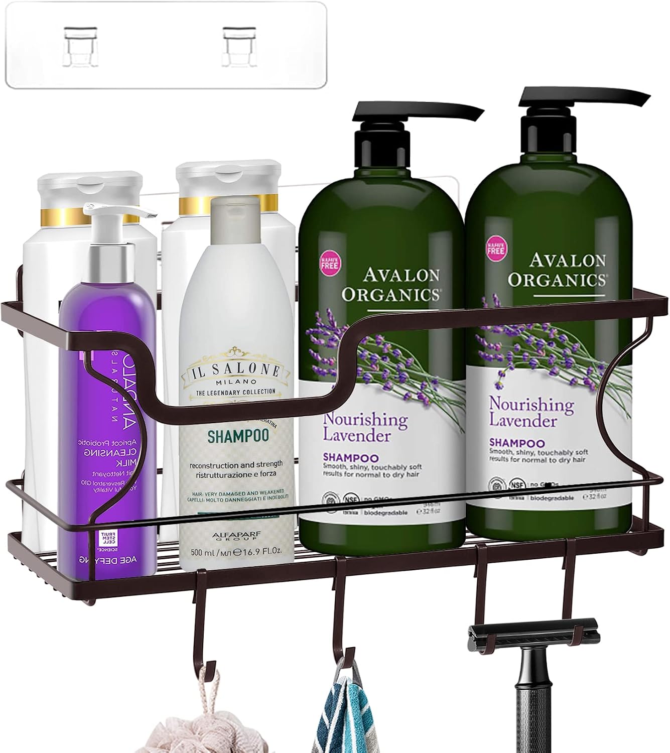 Bathroom Shower Organizer with Hooks No Drilling Adhesive Wall Mounted Shower Caddy Basket Shelf Multi-Function Stainless Steel Holder Rack for Kitchen Panty Organization and Storage (1 Tier, Bronze)