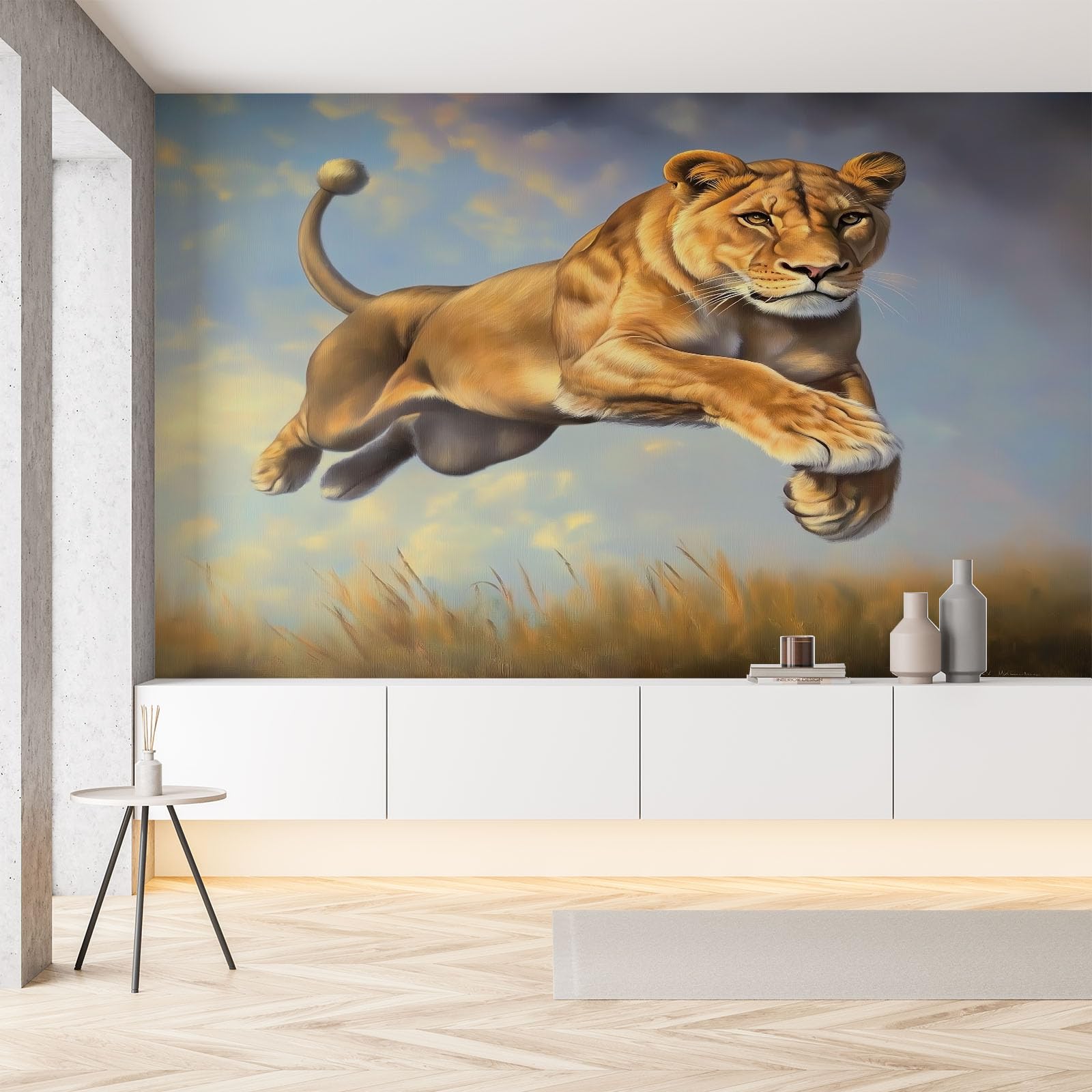 Papier peint panoramique lion pour masquer et sublimer un mur