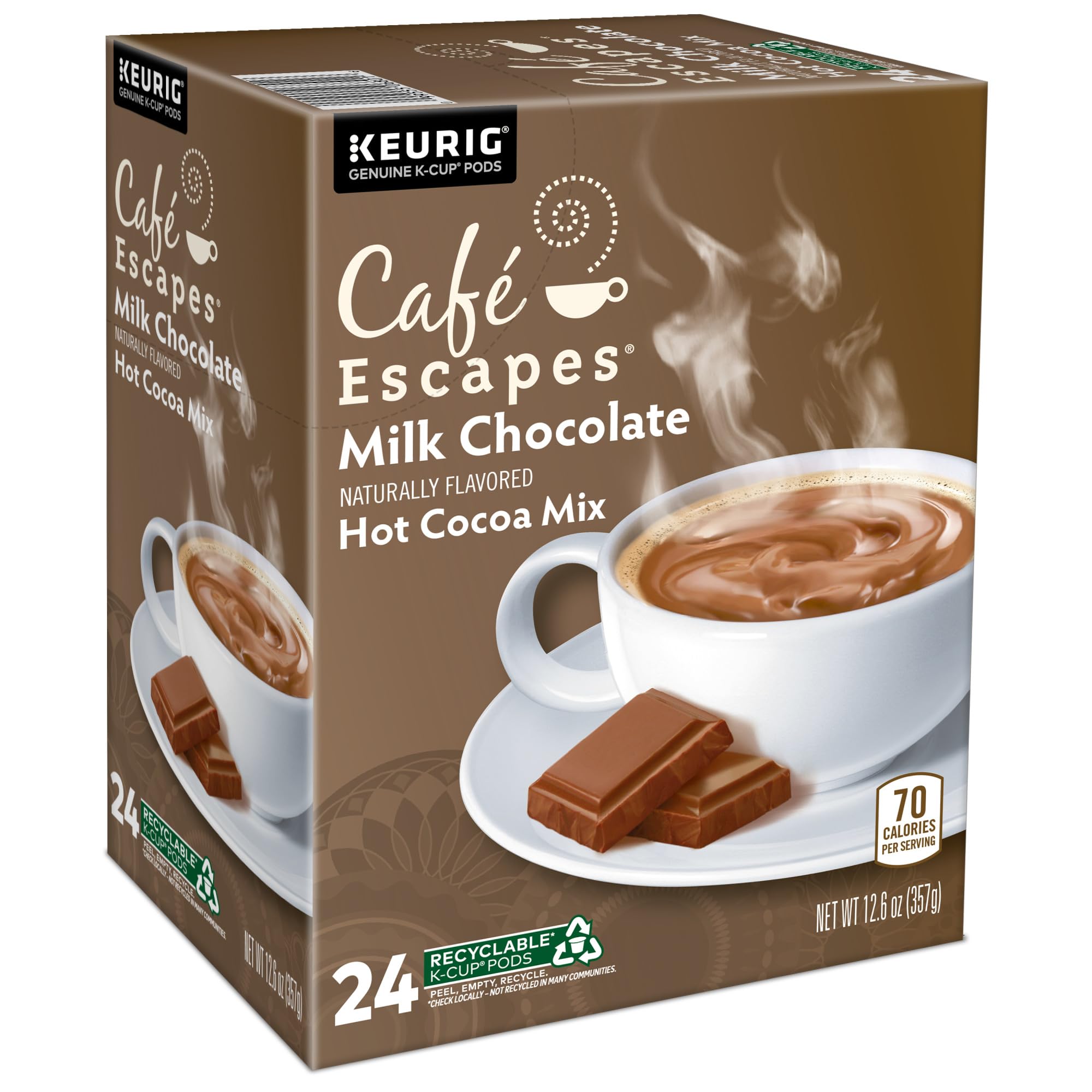 Cafe Escapes, Milk Chocolate Hot Cocoa, Single-Serve Keurig K-Cup Pods, 96 Count (4 Boxes of 24 Pods)
