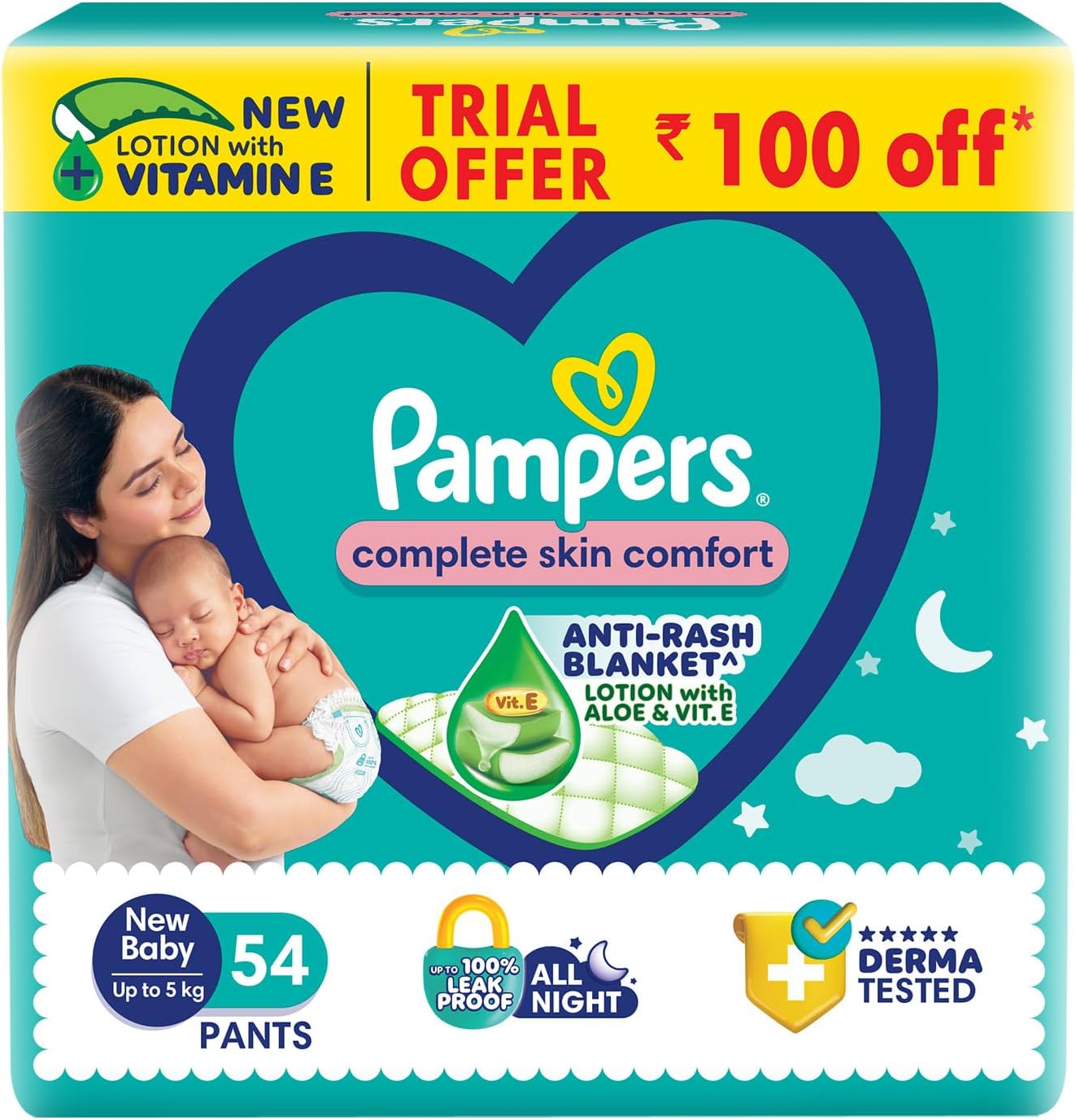 Complete Skin Comfort Pants,(NB/XS), 54 Count, Anti-rash blanket, Lotion with Vitamin E & Aloe Vera, New Born/X-Small, Upto 5kg