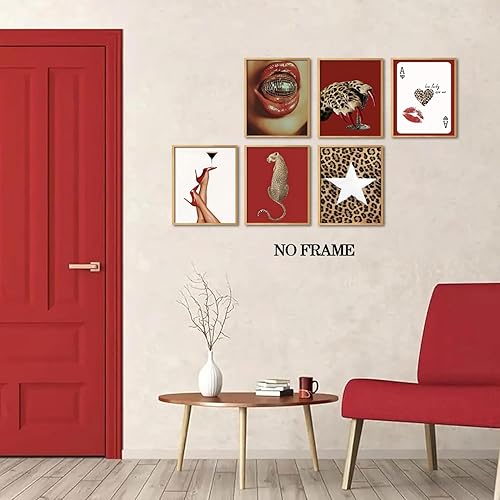 Miniatura 3 de Juego de 6 pósteres de pared de leopardo de moda, diseño de leopardo rojo, bola de disco de Martini, decoración de pared, pinturas de coquetas de