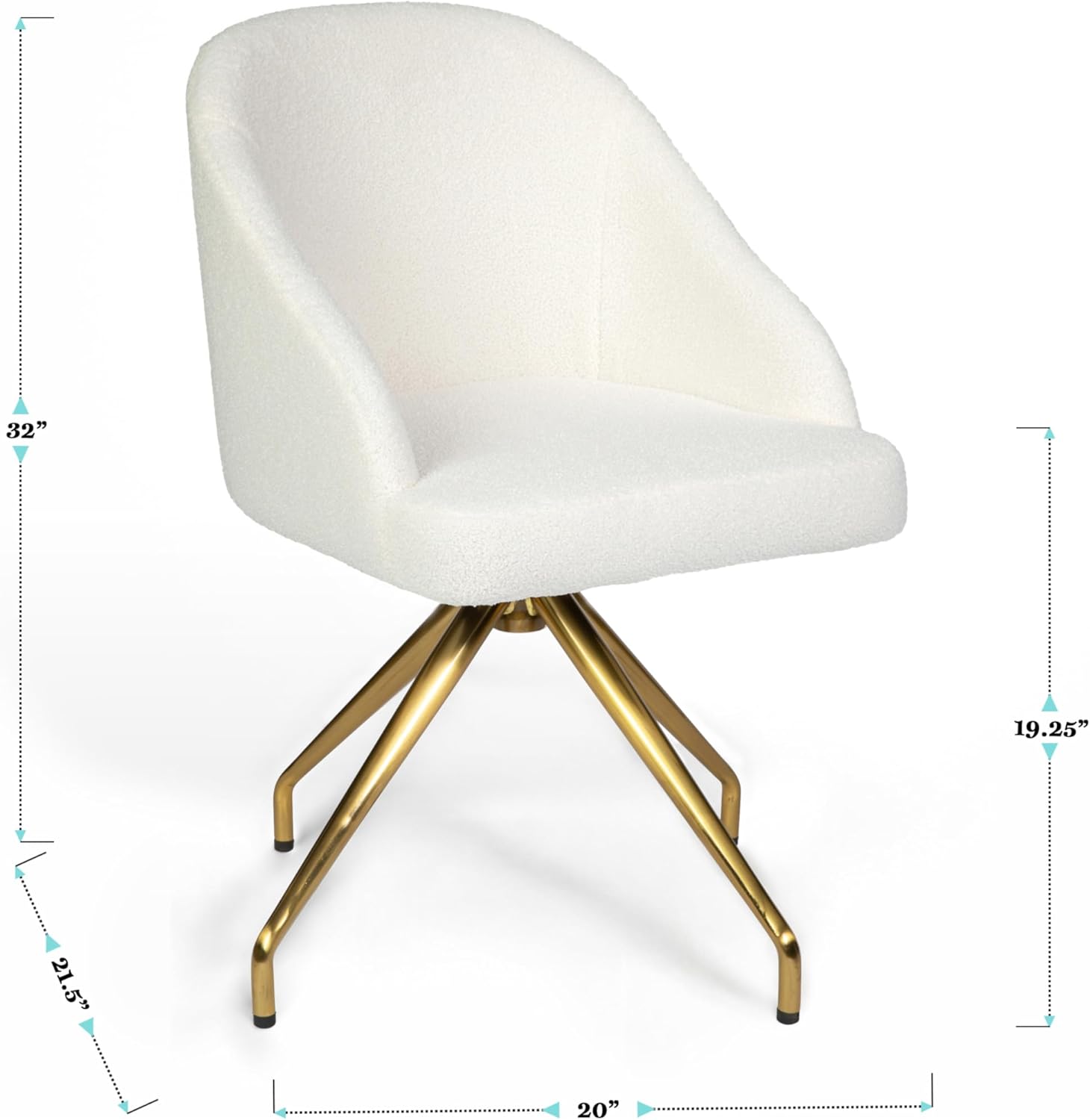 Martha Stewart Sora Stationary Swivel Task Chair with Sloped Arms for Home Office in Off White Boucle with Polished Brass Frame