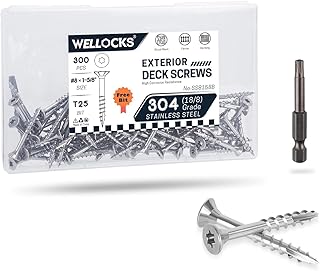WELLOCKS Deck Screws 304 Stainless Steel #8×1-5/8" 300 PCS with T25 Star Torx Drive Flat Head Wood Screws High Corrosion Resistance for Outdoor Wood Fence(SS8158B)