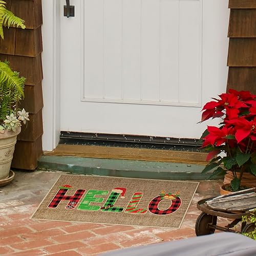 Miniatura 2 de Felpudo para puerta con texto en inglés "Hello Christmas", antideslizante, con sombrero de Papá Noel, 29 x 17 pulgadas, tapete de invierno con copos
