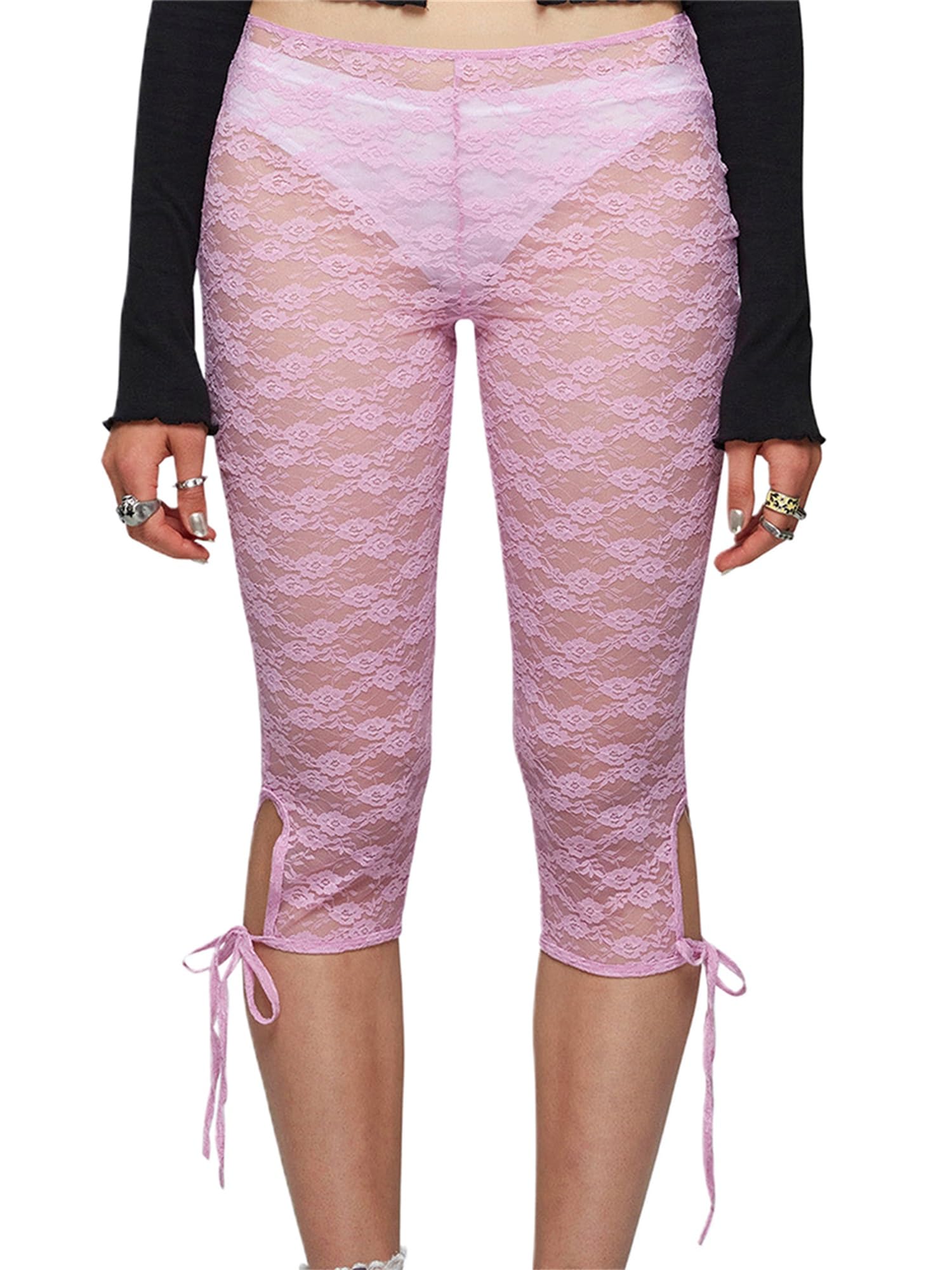 Sexy outfit Damskie kwieciste koronkowe legginsy Capri 3/4 długości rozciągliwe rajstopy seksowne przezroczyste przycięte spodnie z wycięciem na imprezę nocną w klubie