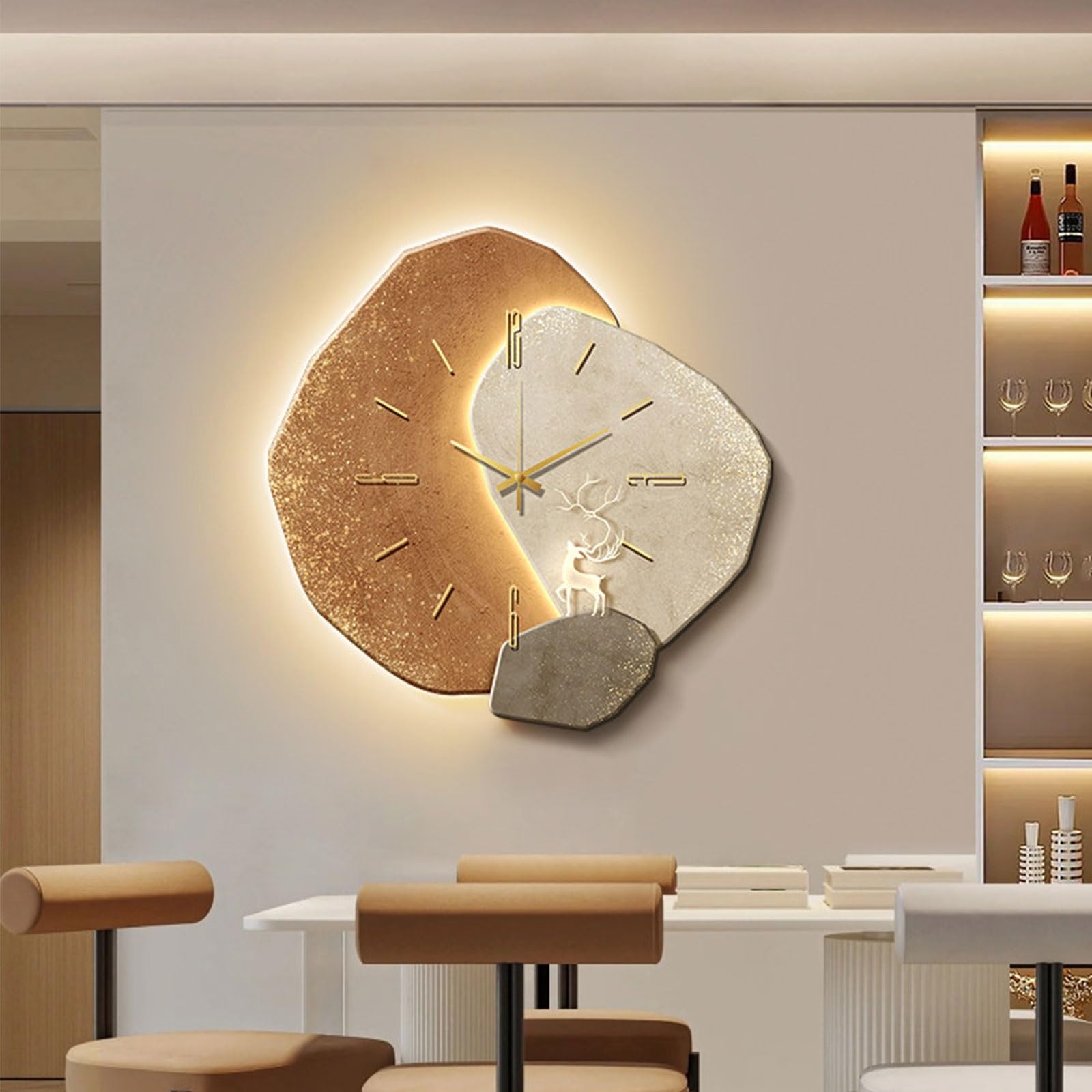 OECETCAWKD Modern 3D Wall Clock with LED Light, Crystal Porcelain Hanging Wall Art Painting, Plug-in Power Supply Wall Clocks for Living Room Dining Room(A,50 * 50CM/19.7 * 19.7IN)