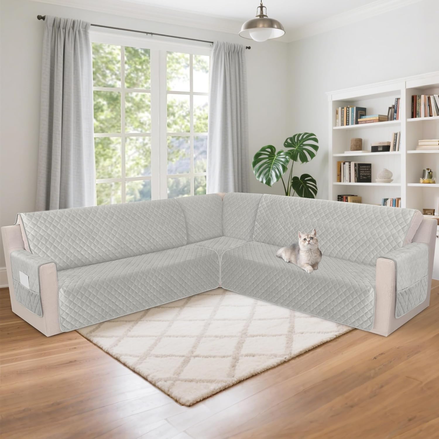 HDCAXKJ Waterproof Corner Sectional Couch Cover Velvet L Shape Sofa Covers for Pets Dogs Soft Heavy Duty U Shaped Sofa Slipcover Sets for Sectional Non Slip Furniture Protector (Light Gray, XX-Large)