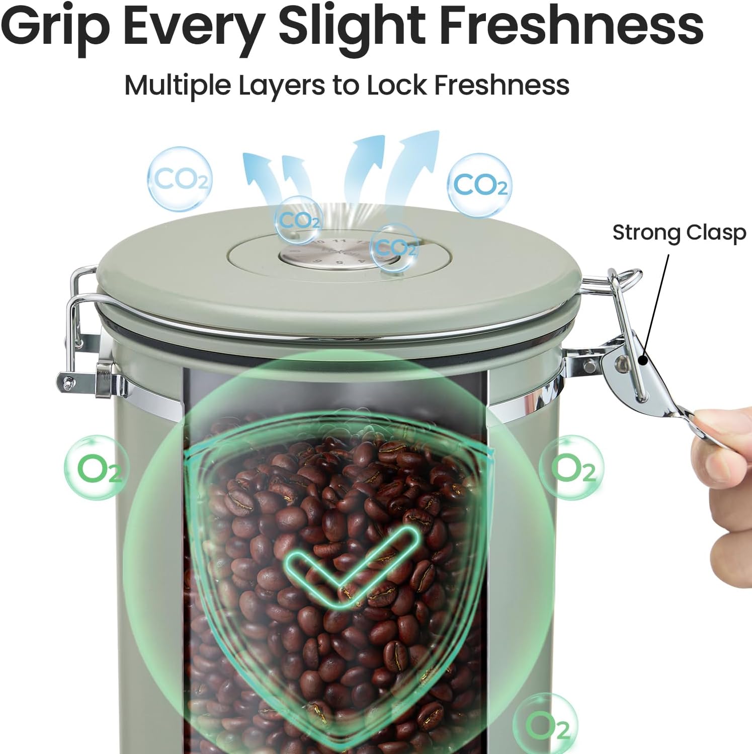 Veken Coffee Canister, 39OZ Large, Airtight Stainless Steel Food Storage Container for 2.2lbs Coffee Beans, Ground, Sugar, Tea, Flour, Cereal, Kitchen Bar Accessories with Date Tracker & Scoop, Green - Image 5