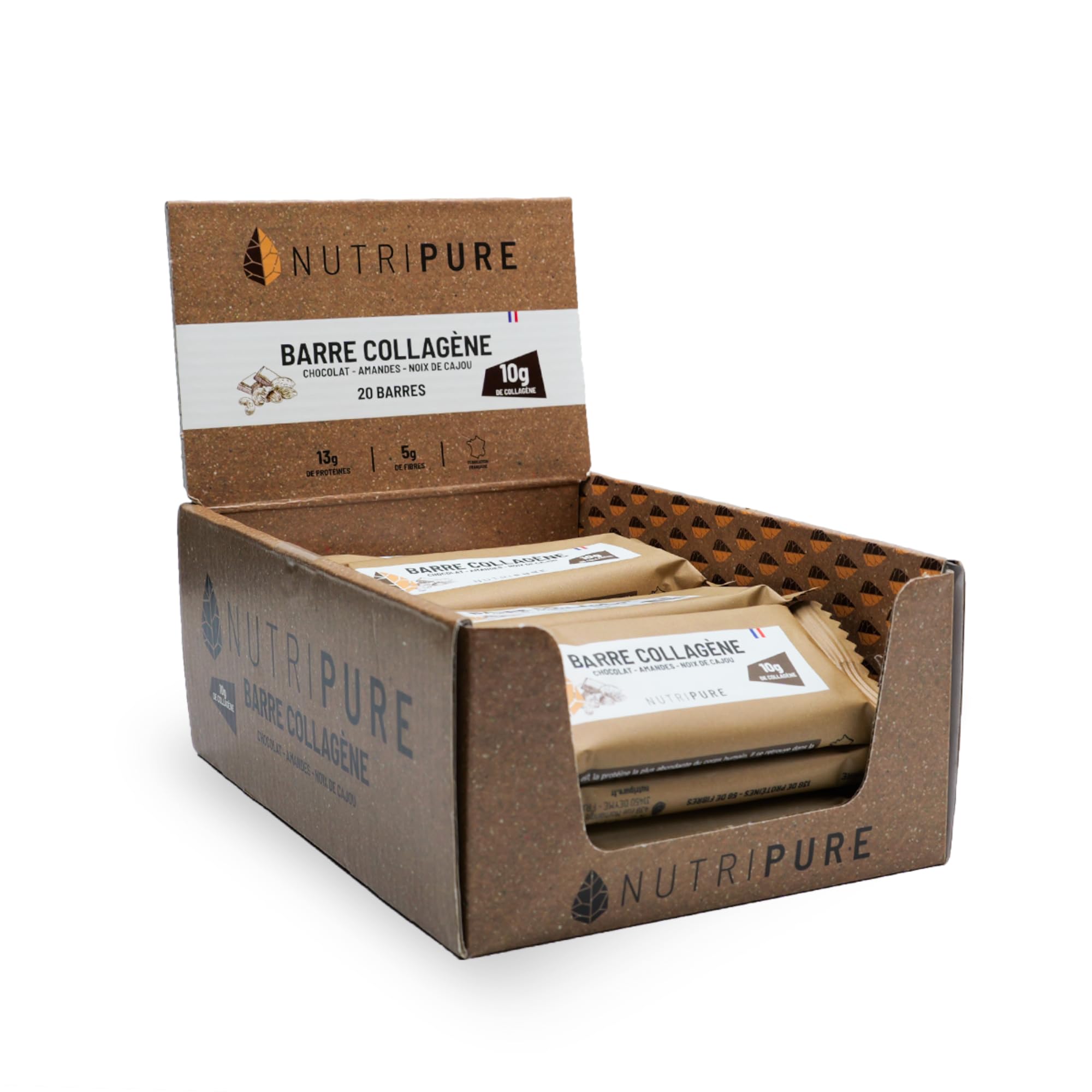 Nutripure Barre Collagène Peptan® Snack Sain Gourmand Amandes Noix Cajou Pépites Chocolat 10g Collagène 170 kcal 20 barres