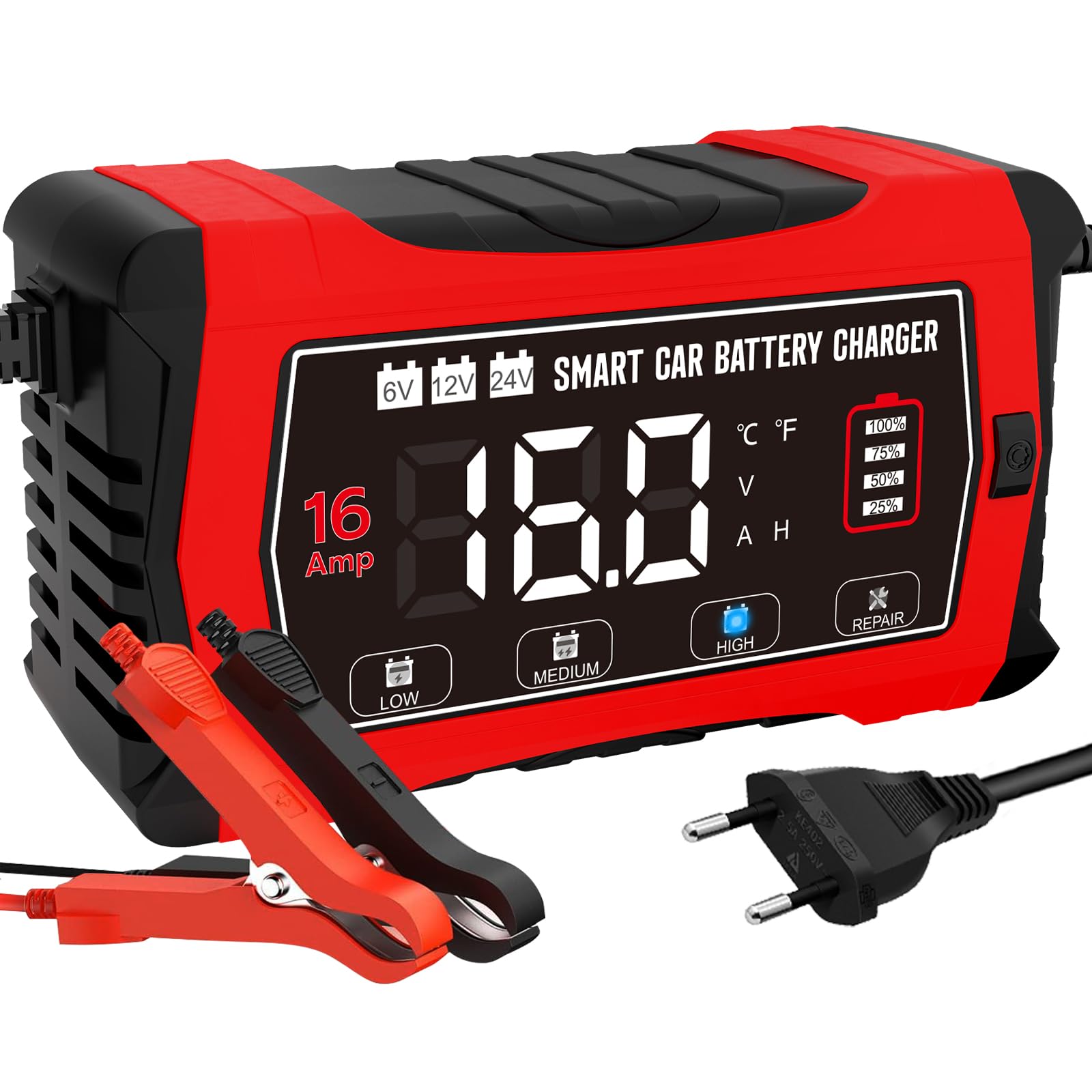 LiFePO4 - Caricabatteria da auto da 16 A, 6 V/12 V/24 V, con display LCD, compensazione della temperatura, modalità di riparazione per batterie auto, auto, barche