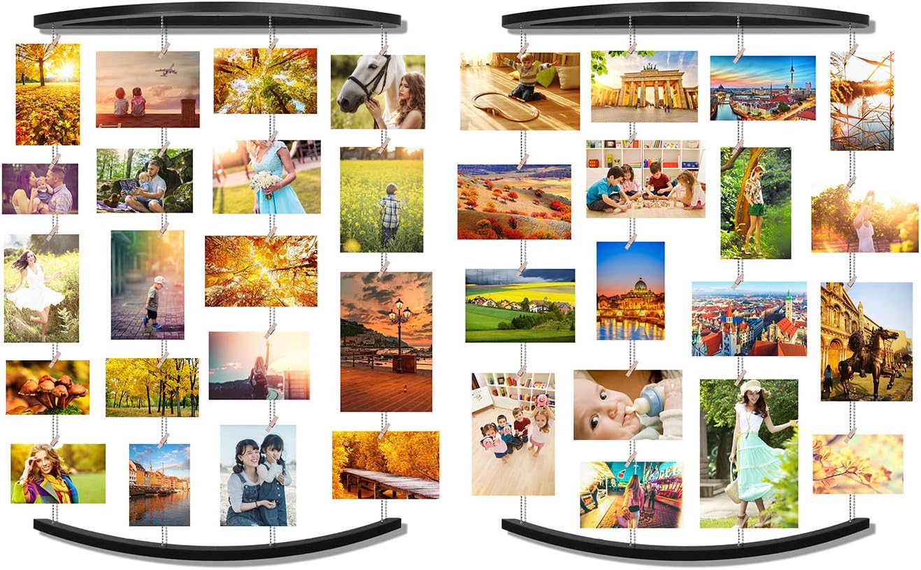 EASTERNSTAR Hanging Photo Display Set of 2, Hanging Picture Frame Multi Photo Frame Collage with 36 Clips Photo Display Board for Home Office Dorm Room Decor 24.6x15.7 inch (Black)