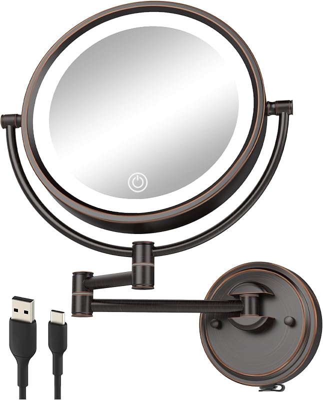 Espelho de maquiagem de parede BrassyColux com iluminação LED, braço extensível e ampliação dupla 1X/5X, acabamento Oil Rubbed Bronze