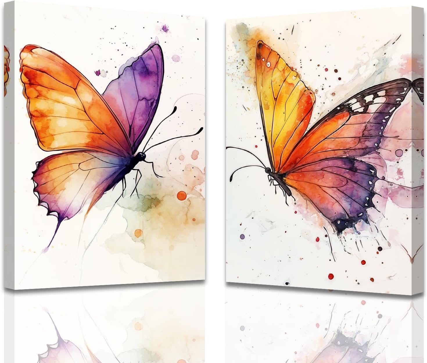ZXHYWYM Orange Butterfly Wall Art 2 Pieces Watercolor Butterfly Poster Butterflies Flying Canvas Prints Painting for Girls Bedroom Bathroom Decor Framed (Orange, (12x16inchx2 Pieces))