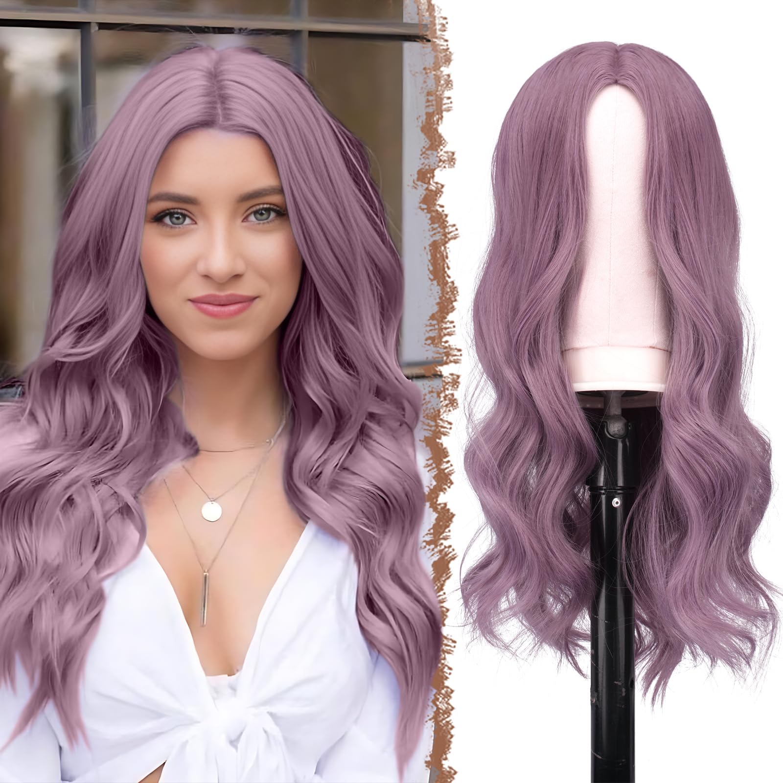 FESHFEN Long Purple Wigs for Women Long Wavy Wig Lilac Purple Middle Parting Natural Looking Synthetic Women's Wig for Daily Party Costume 22 inch
