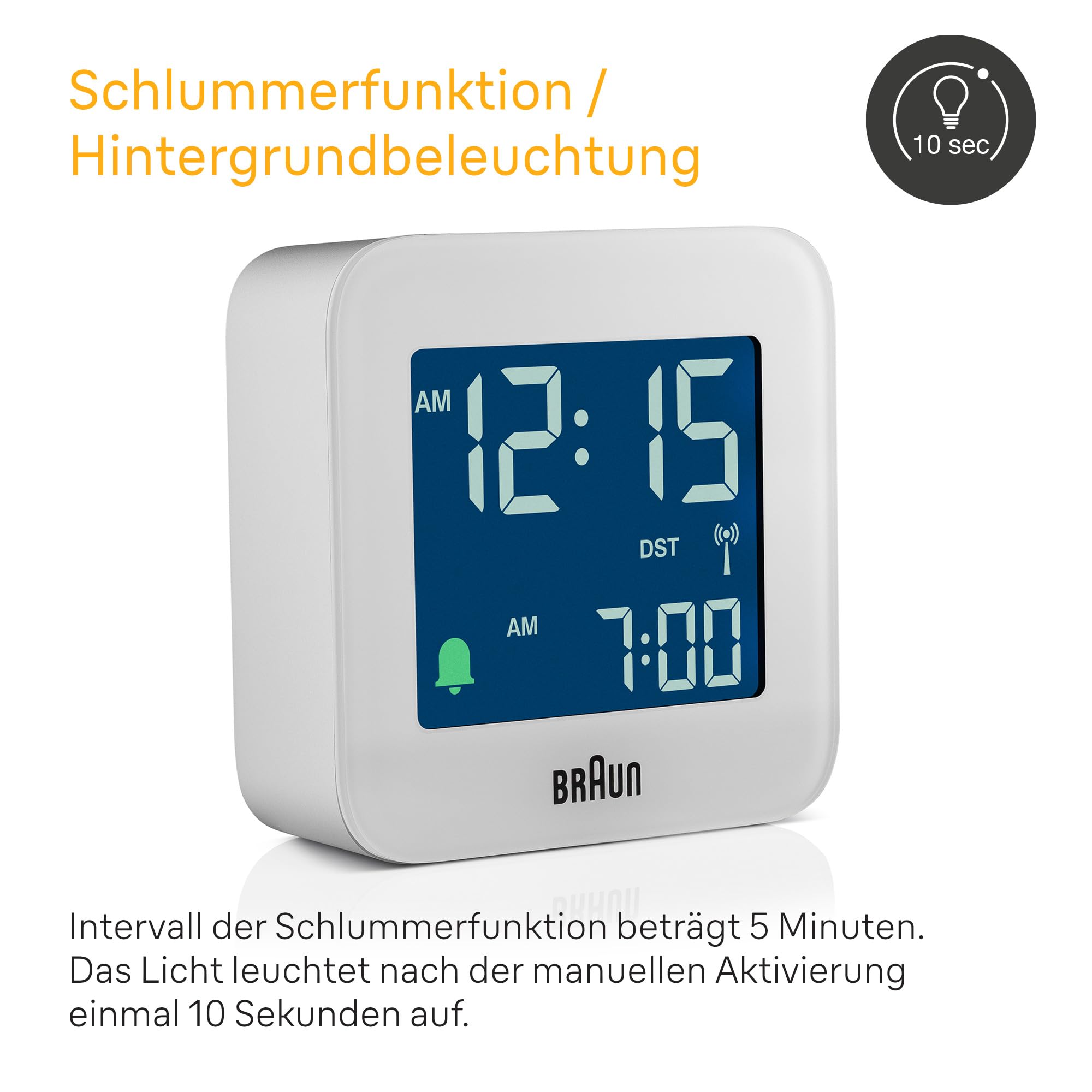 Braun Digitaler Reisewecker Mitteleuropäische Zeitzone (MEZ) mit Schlummerfunktion, kompakte Größe, Negatives LC-Display, Schnelleinstellfunktion, Crescendo-Alarm in Weiß, Modell BC08W-DCF