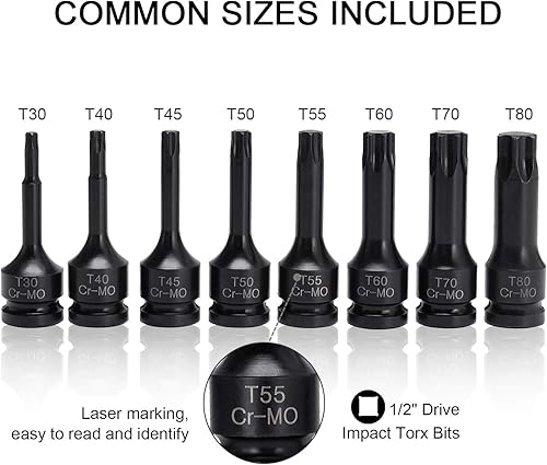 Miniatura 2 de HELAKLS Juego de 8 puntas de enchufe Torx Star de impacto de 12 pulgada T30 T40 T45 T50 T55 T60 T70 T80 Cr-Mo Construcción de una sola pieza de 3