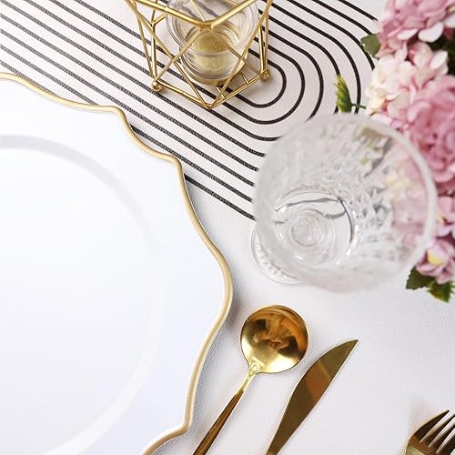 Miniatura 6 de Omuriko Cargadores blancos antiguos para platos de cena, platos decorativos de plástico festoneado de 13 pulgadas, juego de 6 para bodas,