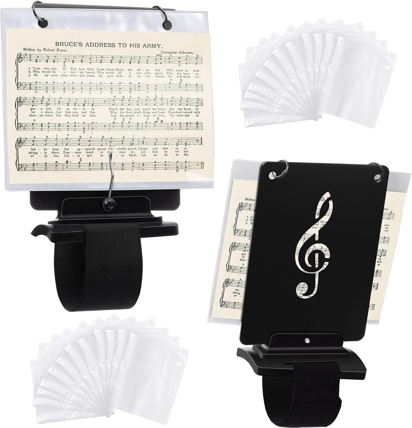 Canlierr 2 Pack Marching Flute Lyre Folder, Adjustable Marching Band Flutist Friend Include 24 Pcs 7.48 x 6.5 Inches Flip Folder Pages for Sheet Music and Flute Piccolo Player(Black)