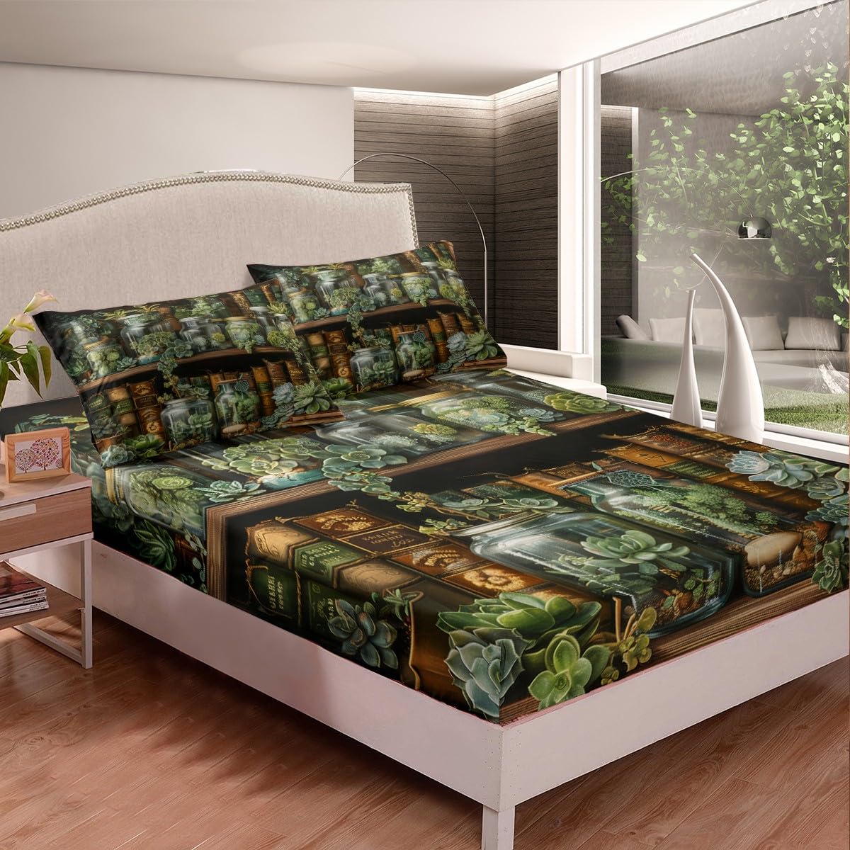 Botanical Plant Full Size Fitted Sheet,Vintage Brown Bookshelf Magical Books 3 Pieces Kids Teenager Room Decor Natural Green Leaves Potted Plants Pocket 2 Pillowcases
